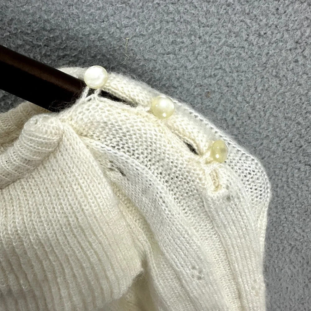 Vintage Sweater Womens Medium‎ Ivory Mohair Blend Open Knit Ruffle Grandma Regal